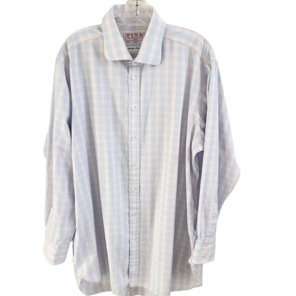 Thomas Pink London Dress Shirt-17.5 34-Superfine Two Fold-Blue Gold Plaid-Cotton